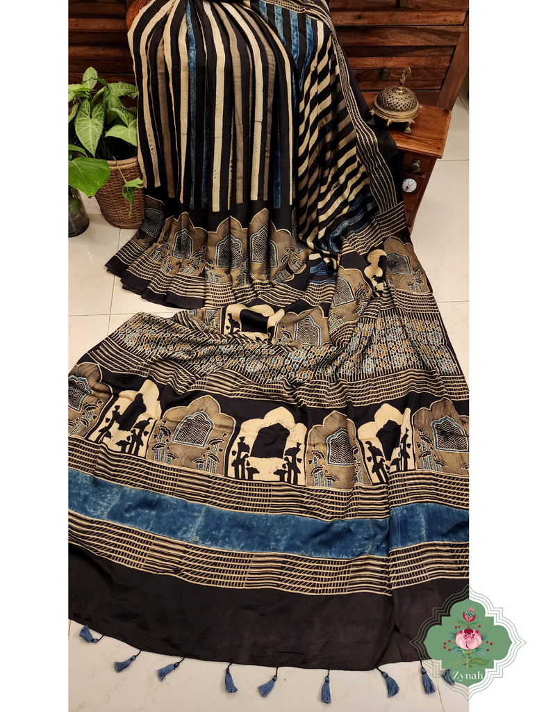 Indigo & Beige Ajrakh Modal Silk Saree With Jharonka Motif Pallu 6