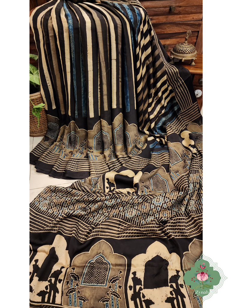 Indigo & Beige Ajrakh Modal Silk Saree With Jharonka Motif Pallu 7