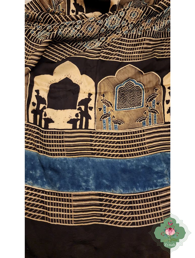 Indigo & Beige Ajrakh Modal Silk Saree With Jharonka Motif Pallu 11