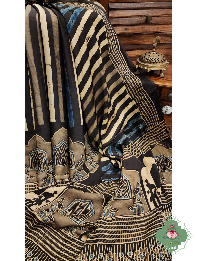Indigo & Beige Ajrakh Modal Silk Saree With Jharonka Motif Pallu 8