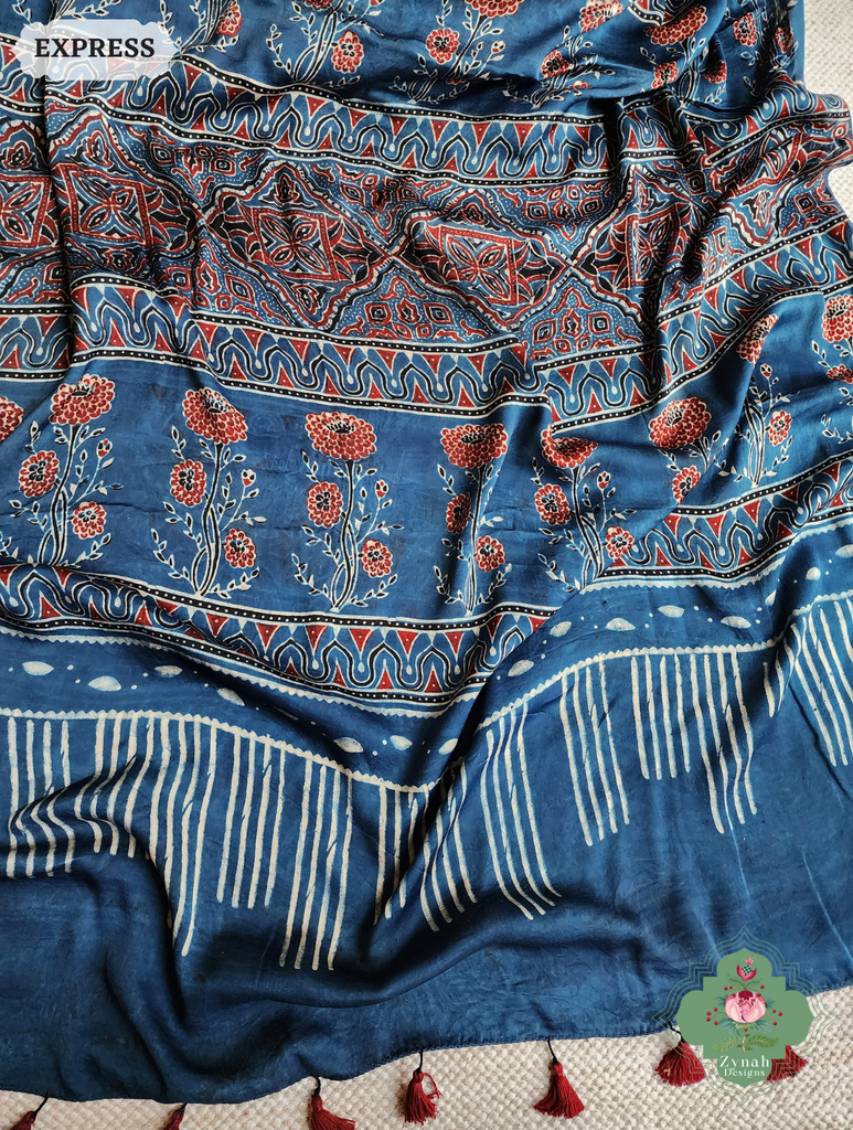 Zynah Indigo & Black Ajrakh Modal Silk Saree Crafted Using The Traditional Method Of Hand Block Printing Using 100% Natural Dyes; Custom Stitched/Ready-made Blouse, Fall, Petticoat; SKU: 1402202503