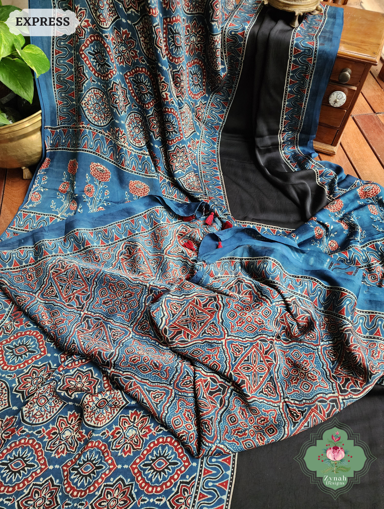 Zynah Indigo & Black Ajrakh Modal Silk Saree Crafted Using The Traditional Method Of Hand Block Printing Using 100% Natural Dyes; Custom Stitched/Ready-made Blouse, Fall, Petticoat; SKU: 1402202503