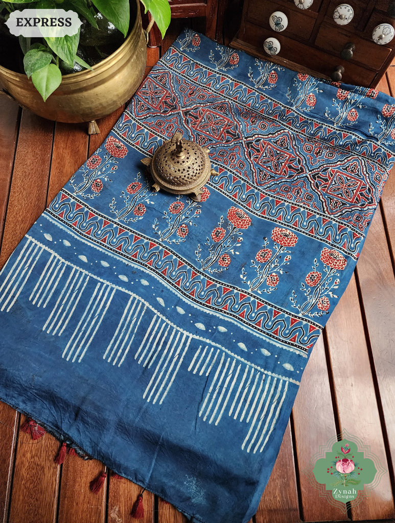 Zynah Indigo & Black Ajrakh Modal Silk Saree Crafted Using The Traditional Method Of Hand Block Printing Using 100% Natural Dyes; Custom Stitched/Ready-made Blouse, Fall, Petticoat; SKU: 1402202503