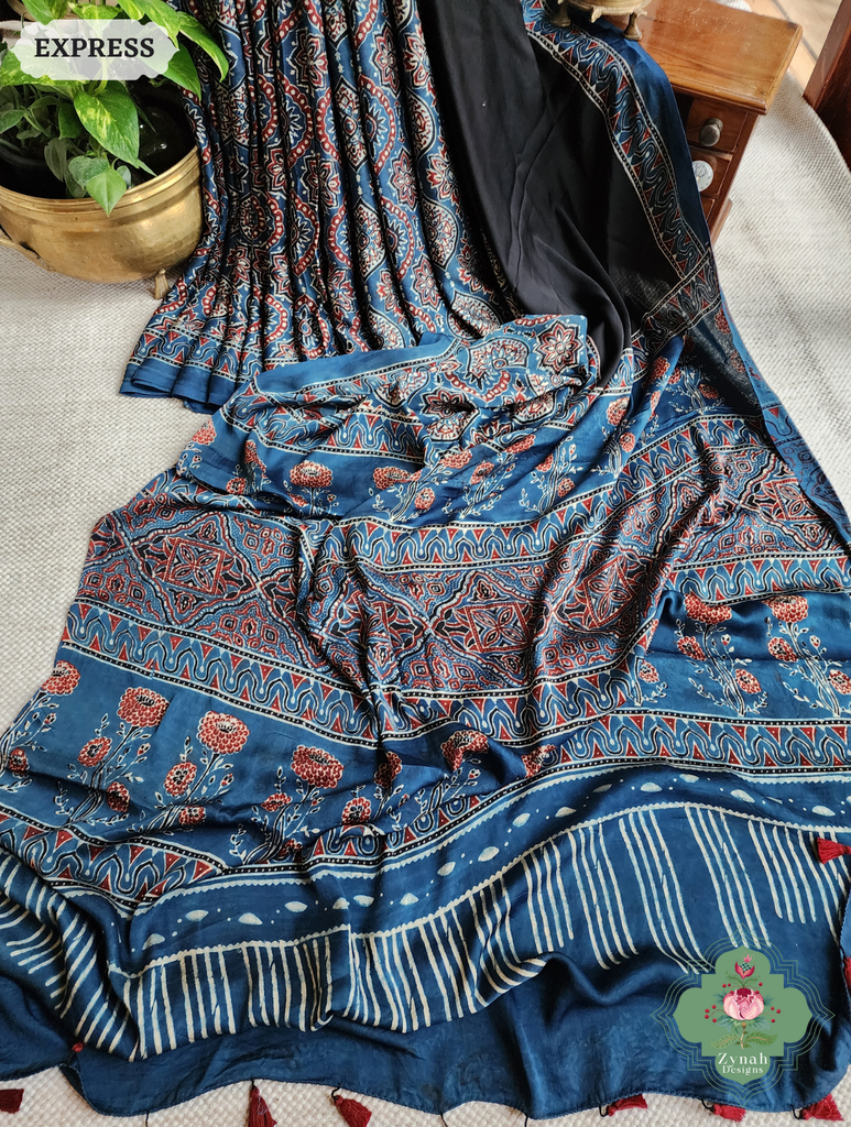 Zynah Indigo & Black Ajrakh Modal Silk Saree Crafted Using The Traditional Method Of Hand Block Printing Using 100% Natural Dyes; Custom Stitched/Ready-made Blouse, Fall, Petticoat; SKU: 1402202503