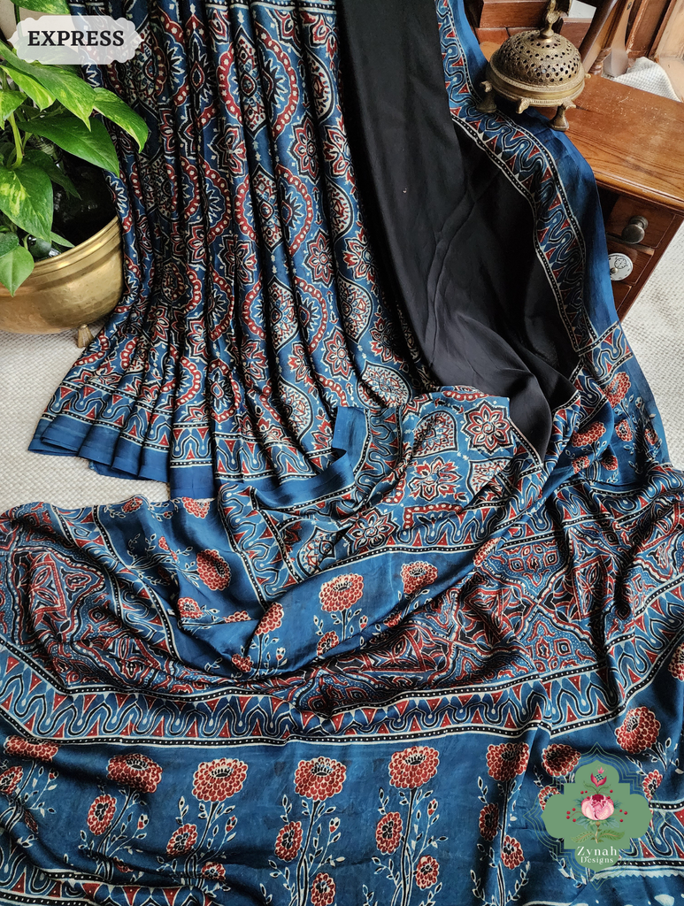 Zynah Indigo & Black Ajrakh Modal Silk Saree Crafted Using The Traditional Method Of Hand Block Printing Using 100% Natural Dyes; Custom Stitched/Ready-made Blouse, Fall, Petticoat; SKU: 1402202503