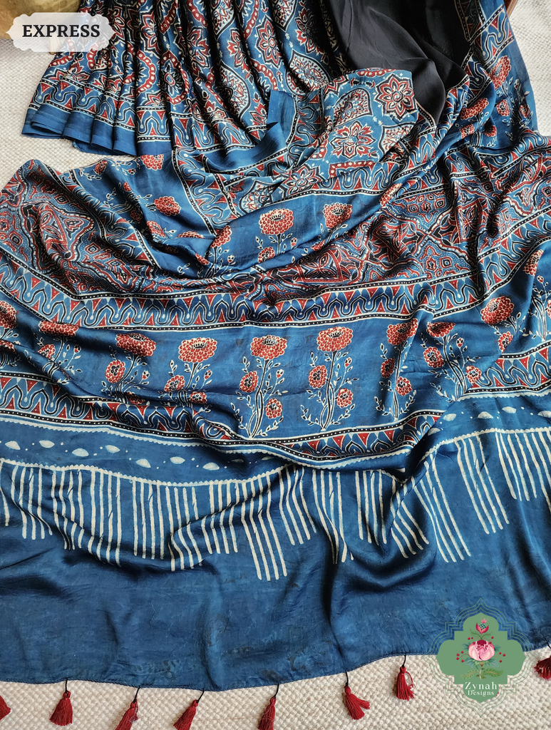 Zynah Indigo & Black Ajrakh Modal Silk Saree Crafted Using The Traditional Method Of Hand Block Printing Using 100% Natural Dyes; Custom Stitched/Ready-made Blouse, Fall, Petticoat; SKU: 1402202503