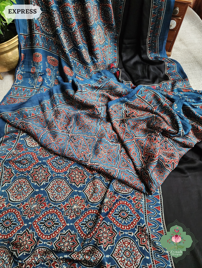 Zynah Indigo & Black Ajrakh Modal Silk Saree Crafted Using The Traditional Method Of Hand Block Printing Using 100% Natural Dyes; Custom Stitched/Ready-made Blouse, Fall, Petticoat; SKU: 1402202503