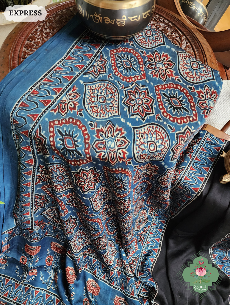 Zynah Indigo & Black Ajrakh Modal Silk Saree Crafted Using The Traditional Method Of Hand Block Printing Using 100% Natural Dyes; Custom Stitched/Ready-made Blouse, Fall, Petticoat; SKU: 1402202503