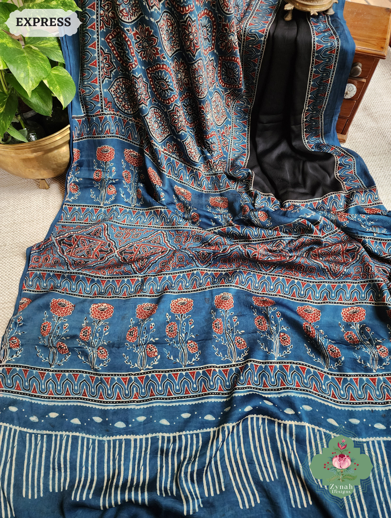 Zynah Indigo & Black Ajrakh Modal Silk Saree Crafted Using The Traditional Method Of Hand Block Printing Using 100% Natural Dyes; Custom Stitched/Ready-made Blouse, Fall, Petticoat; SKU: 1402202503