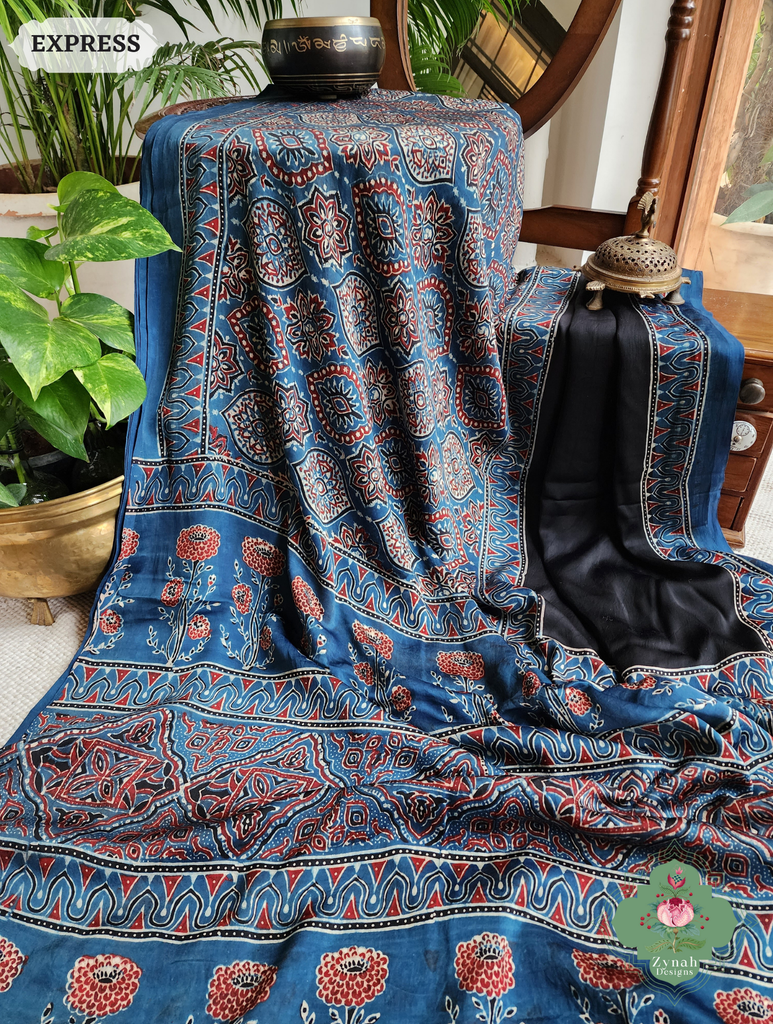 Zynah Indigo & Black Ajrakh Modal Silk Saree Crafted Using The Traditional Method Of Hand Block Printing Using 100% Natural Dyes; Custom Stitched/Ready-made Blouse, Fall, Petticoat; SKU: 1402202503