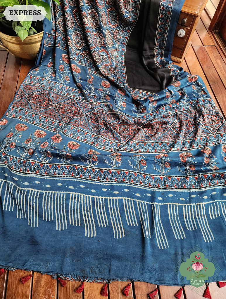 Zynah Indigo & Black Ajrakh Modal Silk Saree Crafted Using The Traditional Method Of Hand Block Printing Using 100% Natural Dyes; Custom Stitched/Ready-made Blouse, Fall, Petticoat; SKU: 1402202503