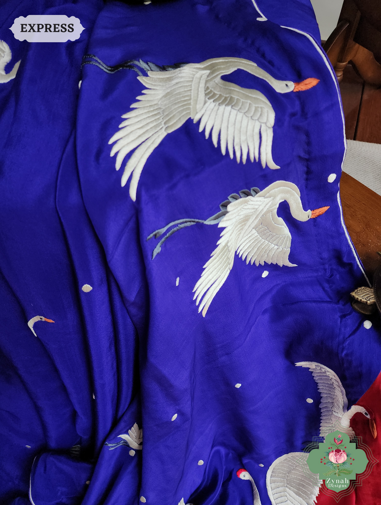 Zynah Indigo & Cherry Red Pure Crepe Silk Parsi Gara Saree With Designer Motifs of Cranes & Swans; Custom Stitched/Ready-made Blouse, Fall, Petticoat; SKU: 2606202501