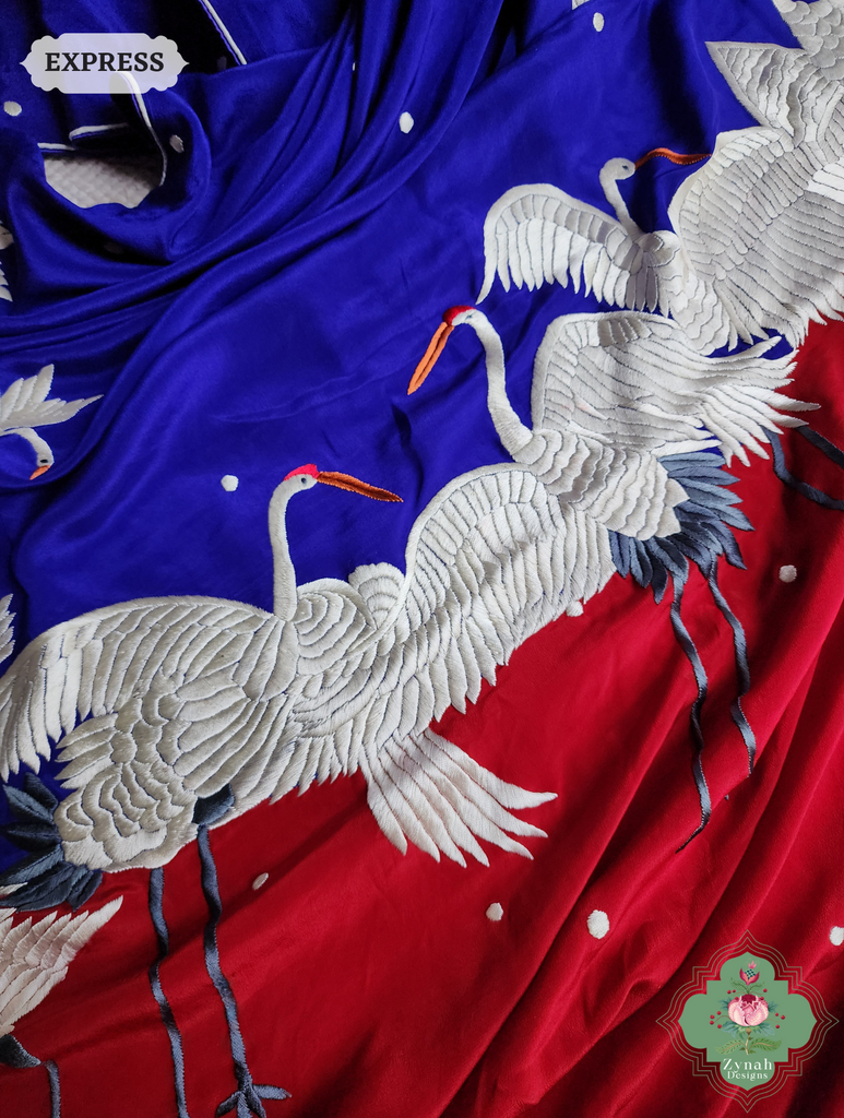 Zynah Indigo & Cherry Red Pure Crepe Silk Parsi Gara Saree With Designer Motifs of Cranes & Swans; Custom Stitched/Ready-made Blouse, Fall, Petticoat; SKU: 2606202501