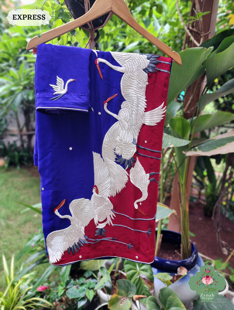 Zynah Indigo & Cherry Red Pure Crepe Silk Parsi Gara Saree With Designer Motifs of Cranes & Swans; Custom Stitched/Ready-made Blouse, Fall, Petticoat; SKU: 2606202501
