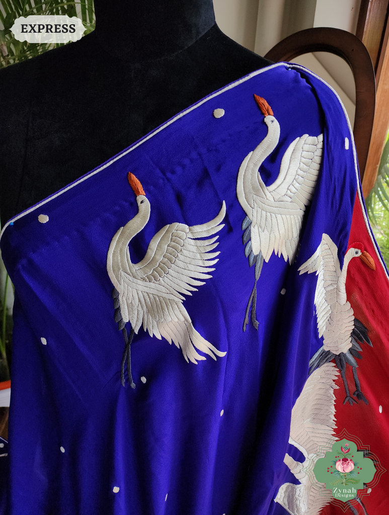 Zynah Indigo & Cherry Red Pure Crepe Silk Parsi Gara Saree With Designer Motifs of Cranes & Swans; Custom Stitched/Ready-made Blouse, Fall, Petticoat; SKU: 2606202501