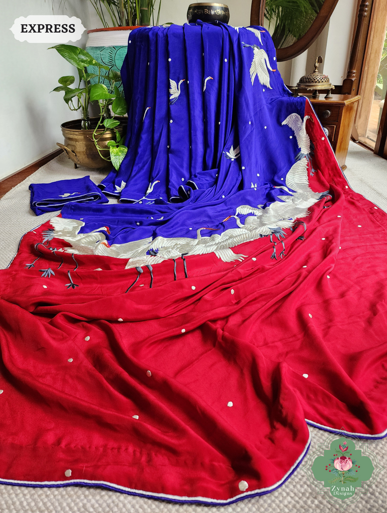 Zynah Indigo & Cherry Red Pure Crepe Silk Parsi Gara Saree With Designer Motifs of Cranes & Swans; Custom Stitched/Ready-made Blouse, Fall, Petticoat; SKU: 2606202501