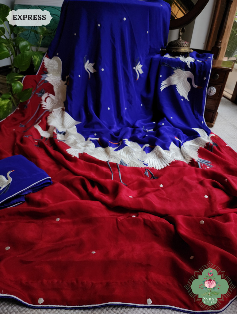 Zynah Indigo & Cherry Red Pure Crepe Silk Parsi Gara Saree With Designer Motifs of Cranes & Swans; Custom Stitched/Ready-made Blouse, Fall, Petticoat; SKU: 2606202501