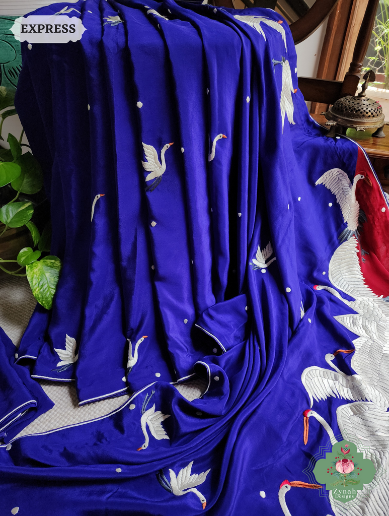 Zynah Indigo & Cherry Red Pure Crepe Silk Parsi Gara Saree With Designer Motifs of Cranes & Swans; Custom Stitched/Ready-made Blouse, Fall, Petticoat; SKU: 2606202501