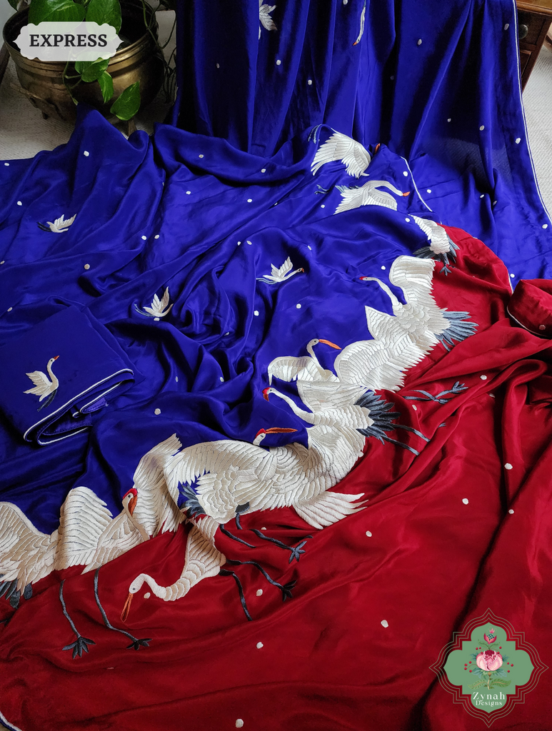 Zynah Indigo & Cherry Red Pure Crepe Silk Parsi Gara Saree With Designer Motifs of Cranes & Swans; Custom Stitched/Ready-made Blouse, Fall, Petticoat; SKU: 2606202501