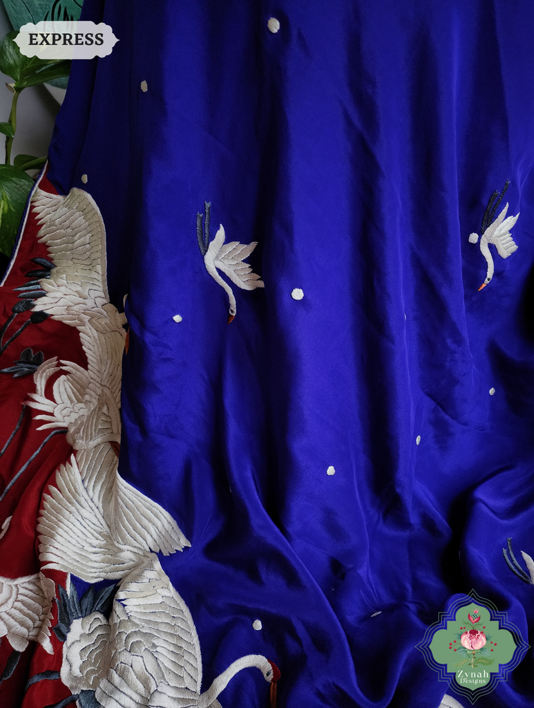 Zynah Indigo & Cherry Red Pure Crepe Silk Parsi Gara Saree With Designer Motifs of Cranes & Swans; Custom Stitched/Ready-made Blouse, Fall, Petticoat; SKU: 2606202501