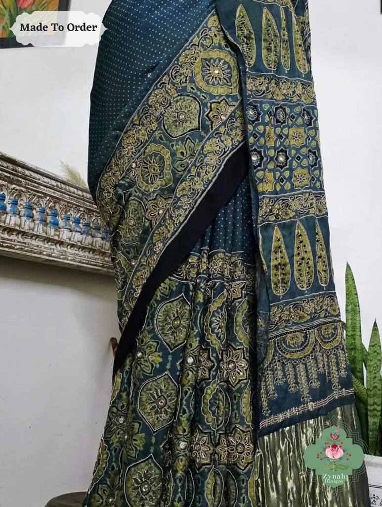 Zynah Made To Order Indigo & Green Ajrakh Modal Silk Saree With Lagdi Patta Pallu & Hand Embellishments; Custom Stitched/Ready-made Blouse, Fall, Petticoat; SKU:1909202507