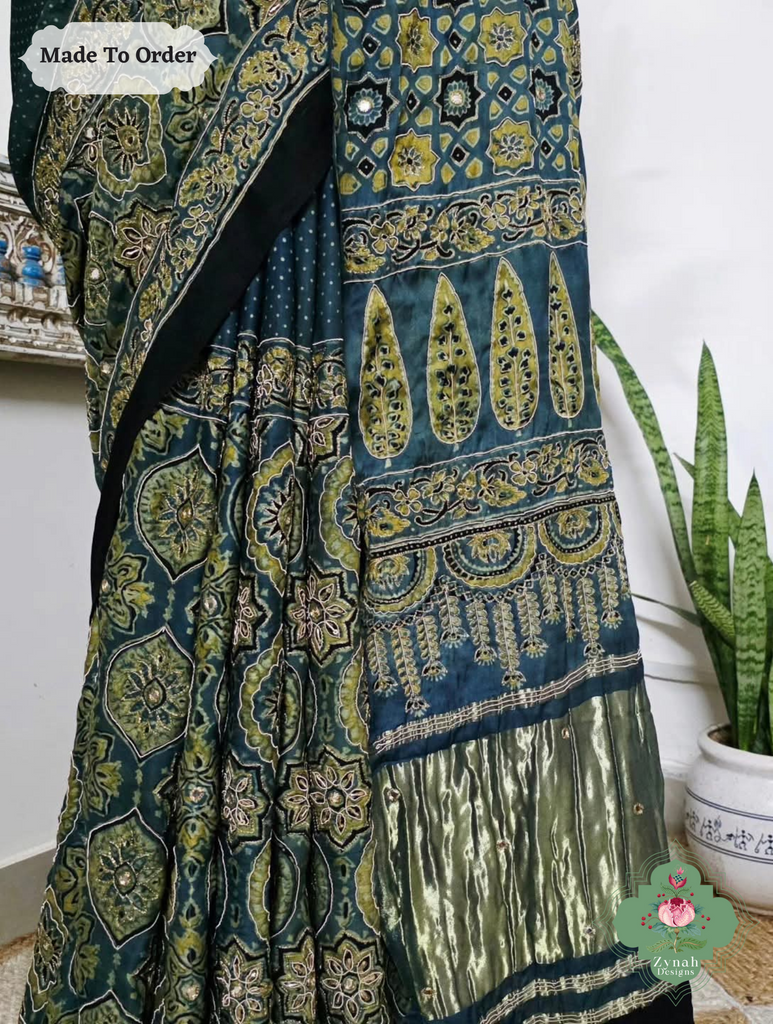 Zynah Made To Order Indigo & Green Ajrakh Modal Silk Saree With Lagdi Patta Pallu & Hand Embellishments; Custom Stitched/Ready-made Blouse, Fall, Petticoat; SKU:1909202507