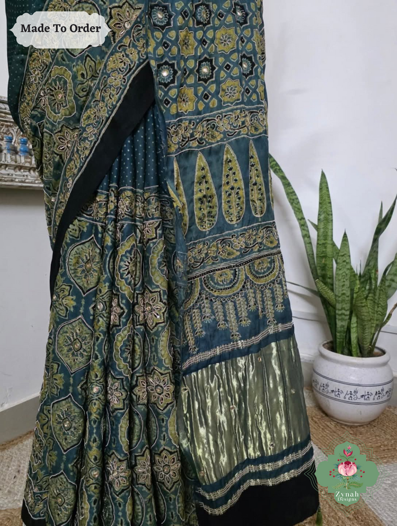 Zynah Made To Order Indigo & Green Ajrakh Modal Silk Saree With Lagdi Patta Pallu & Hand Embellishments; Custom Stitched/Ready-made Blouse, Fall, Petticoat; SKU:1909202507