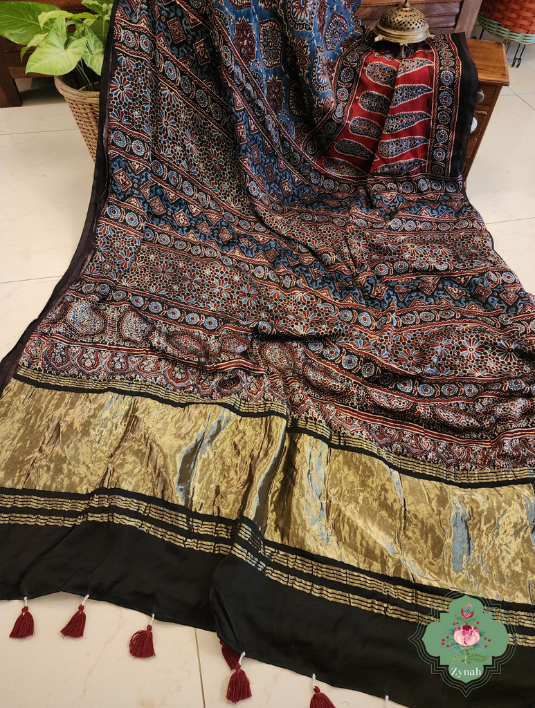 Indigo & Madder Red Ajrakh Modal Silk Saree With Lagdi Patta Pallu 10