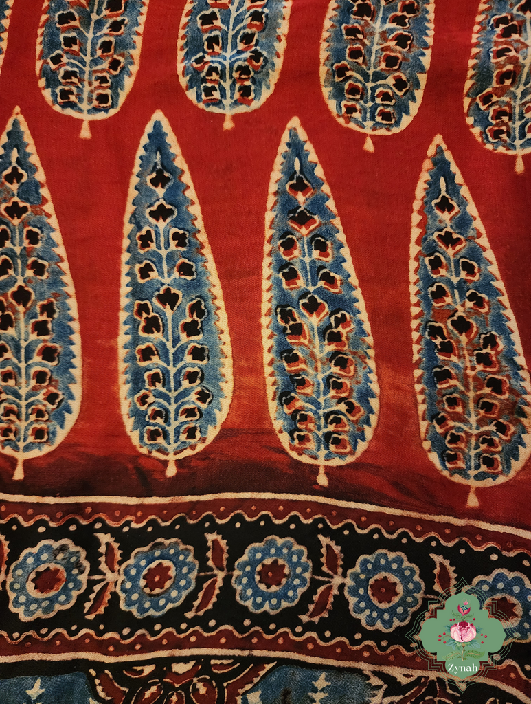 Zynah Indigo & Madder Red Ajrakh Modal Silk Saree With Lagdi Patta Pallu, Crafted Using The Traditional Method Of Hand Block Printing Using 100% Natural Dyes; Custom Stitched/Ready-made Blouse, Fall, Petticoat; SKU: 2001202403