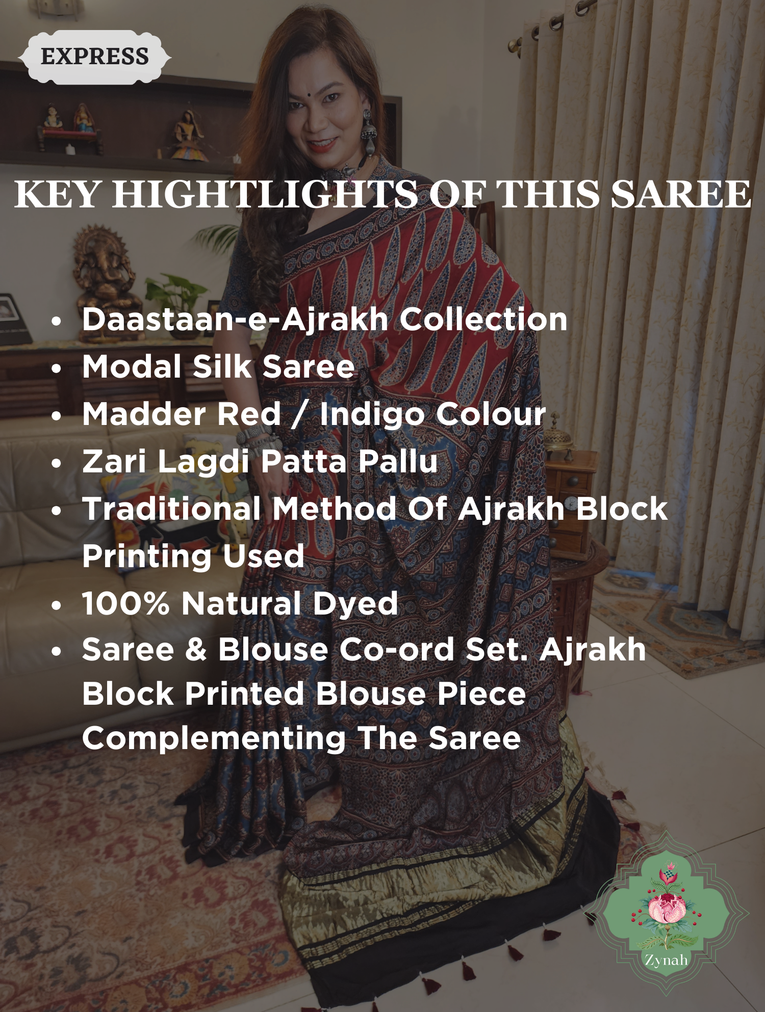 Indigo & Madder Red Ajrakh Modal Silk Saree With Lagdi Patta Pallu 2 Indigo & Madder Red Ajrakh Modal Silk Saree With Lagdi Patta Pallu 2