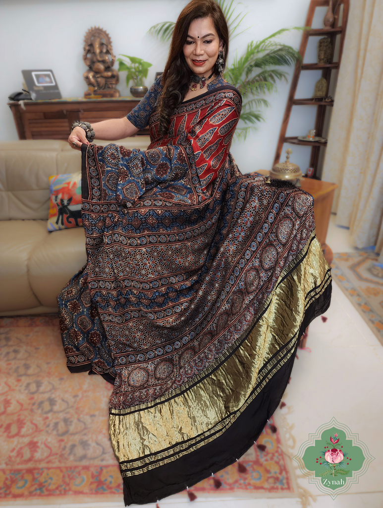 Indigo & Madder Red Ajrakh Modal Silk Saree With Lagdi Patta Pallu 3