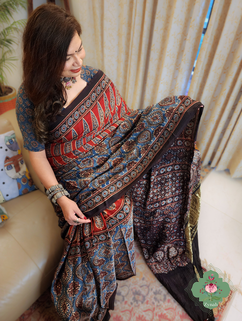 Indigo & Madder Red Ajrakh Modal Silk Saree With Lagdi Patta Pallu 4
