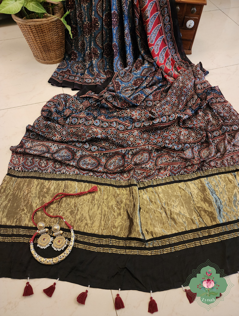 Indigo & Madder Red Ajrakh Modal Silk Saree With Lagdi Patta Pallu 5