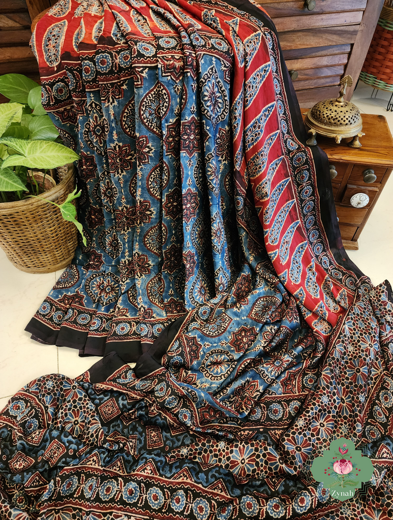 Indigo & Madder Red Ajrakh Modal Silk Saree With Lagdi Patta Pallu 6