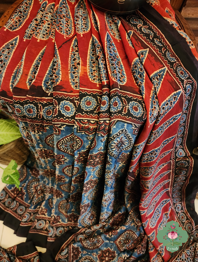 Indigo & Madder Red Ajrakh Modal Silk Saree With Lagdi Patta Pallu 7