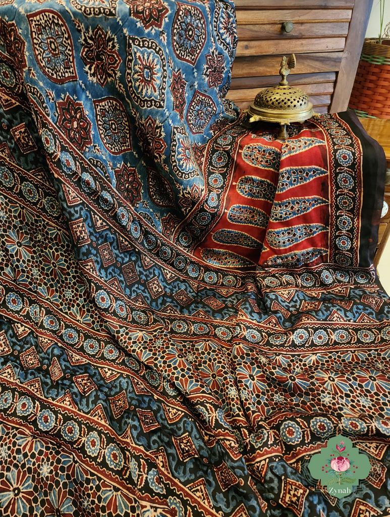 Indigo & Madder Red Ajrakh Modal Silk Saree With Lagdi Patta Pallu 8
