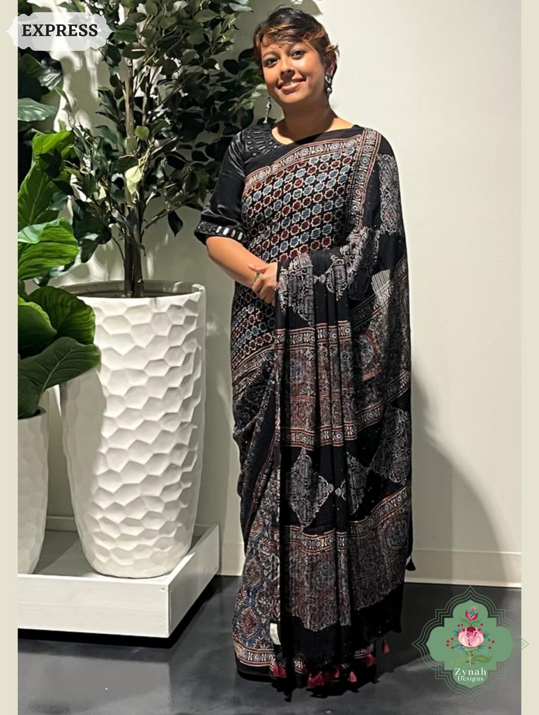 Zynah Indigo & Madder Red Hand-Block Printed Georgette Silk Ajrakh Saree with Sequins Highlight; Custom Stitched/Ready-made Blouse, Fall, Petticoat; SKU: 1004202511