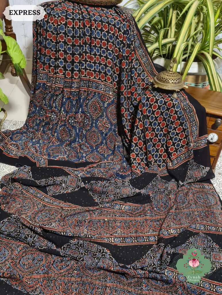 Zynah Indigo & Madder Red Hand-Block Printed Georgette Silk Ajrakh Saree with Sequins Highlight; Custom Stitched/Ready-made Blouse, Fall, Petticoat; SKU: 1004202511