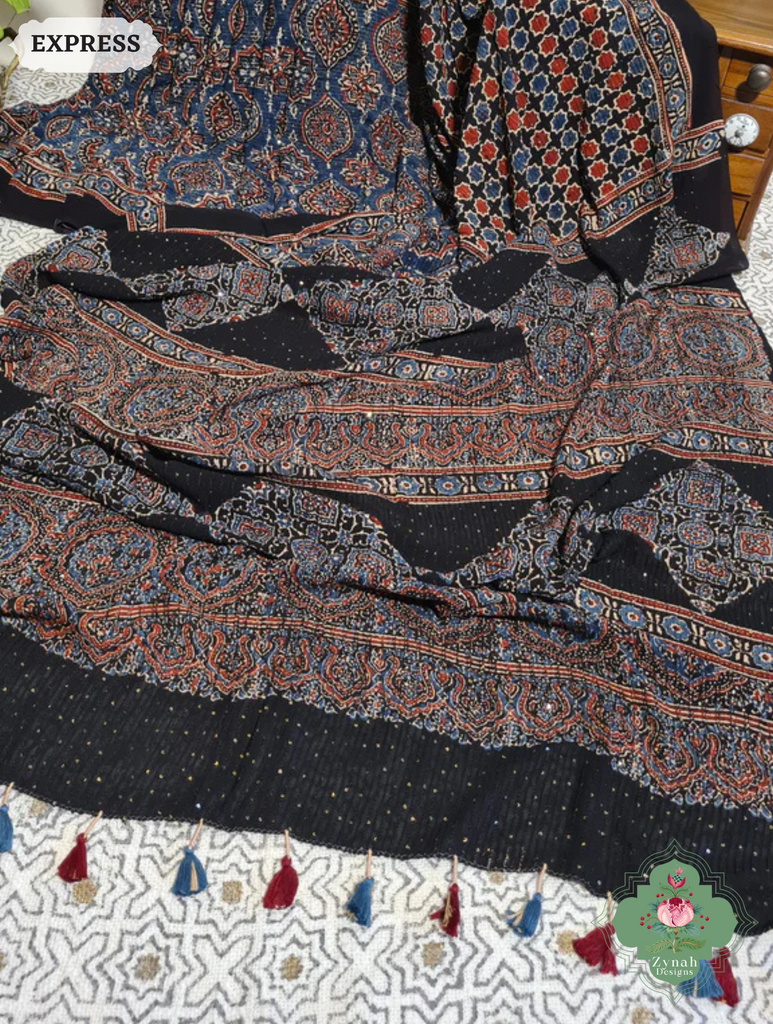 Zynah Indigo & Madder Red Hand-Block Printed Georgette Silk Ajrakh Saree with Sequins Highlight; Custom Stitched/Ready-made Blouse, Fall, Petticoat; SKU: 1004202511