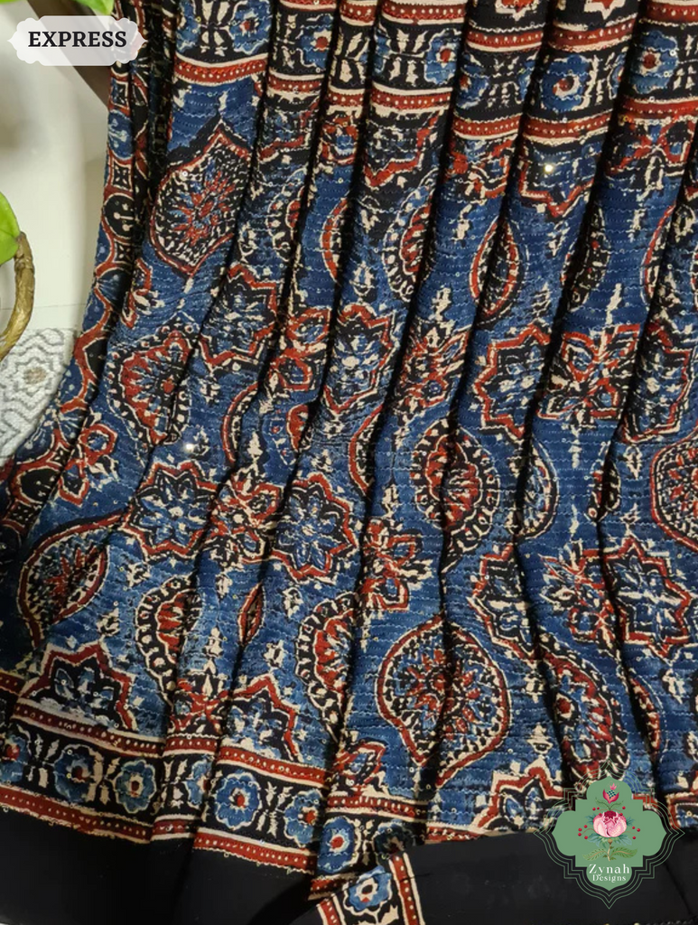 Zynah Indigo & Madder Red Hand-Block Printed Georgette Silk Ajrakh Saree with Sequins Highlight; Custom Stitched/Ready-made Blouse, Fall, Petticoat; SKU: 1004202511