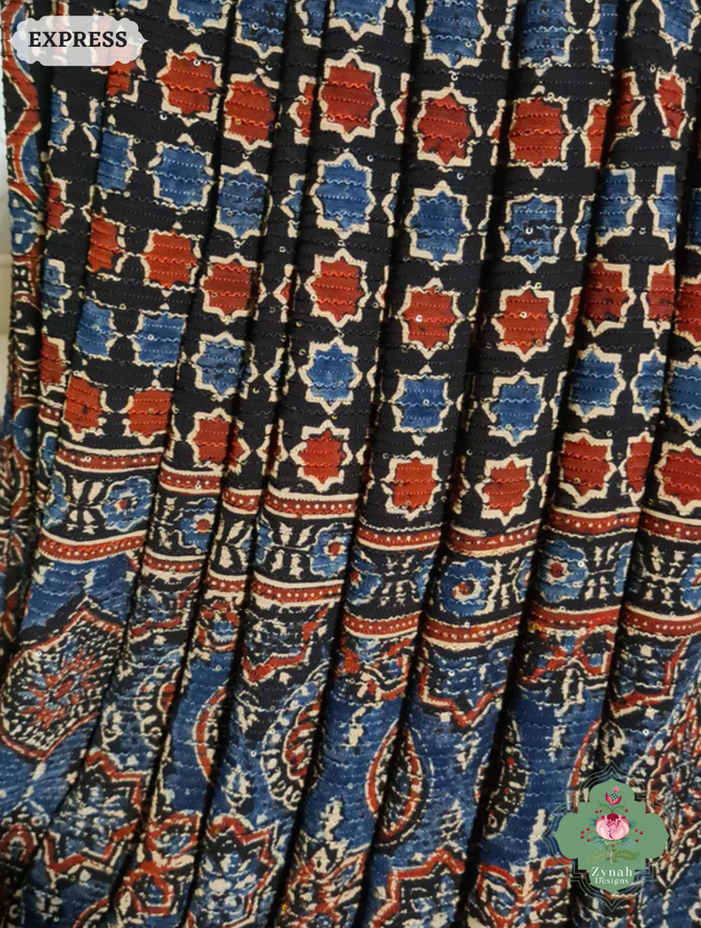 Zynah Indigo & Madder Red Hand-Block Printed Georgette Silk Ajrakh Saree with Sequins Highlight; Custom Stitched/Ready-made Blouse, Fall, Petticoat; SKU: 1004202511