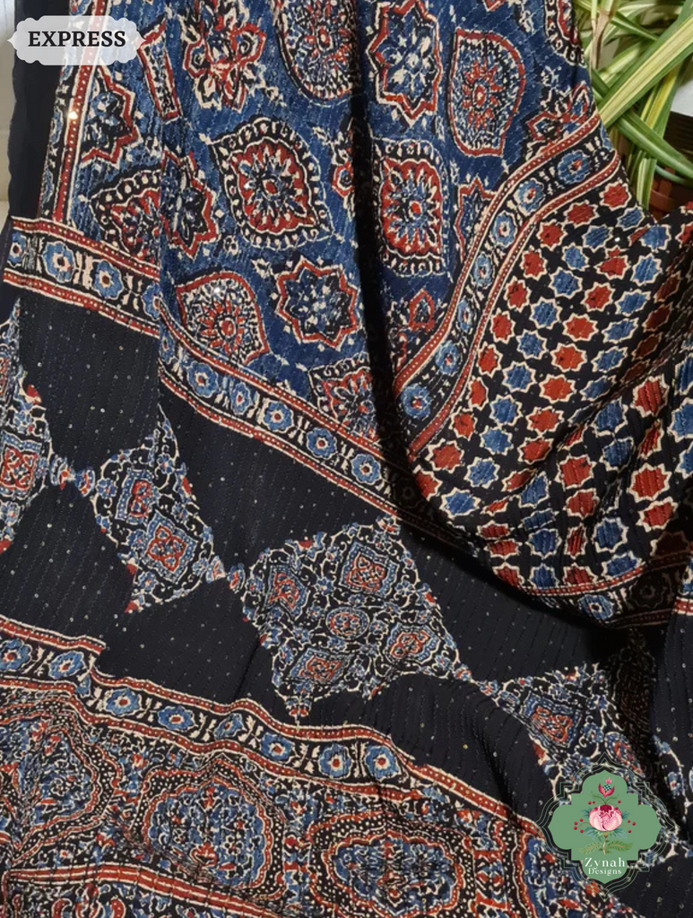 Zynah Indigo & Madder Red Hand-Block Printed Georgette Silk Ajrakh Saree with Sequins Highlight; Custom Stitched/Ready-made Blouse, Fall, Petticoat; SKU: 1004202511