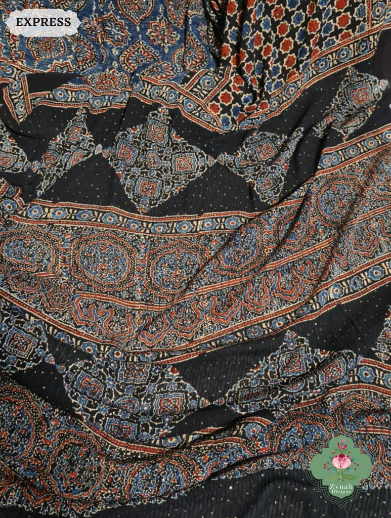 Zynah Indigo & Madder Red Hand-Block Printed Georgette Silk Ajrakh Saree with Sequins Highlight; Custom Stitched/Ready-made Blouse, Fall, Petticoat; SKU: 1004202511