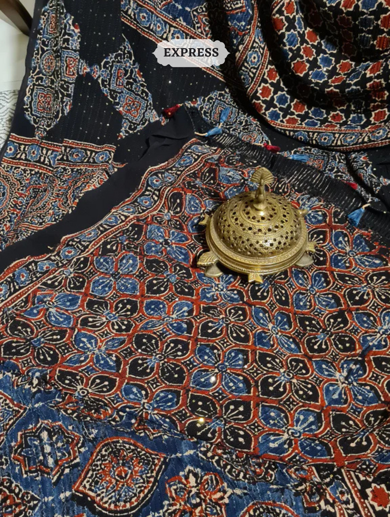 Zynah Indigo & Madder Red Hand-Block Printed Georgette Silk Ajrakh Saree with Sequins Highlight; Custom Stitched/Ready-made Blouse, Fall, Petticoat; SKU: 1004202511