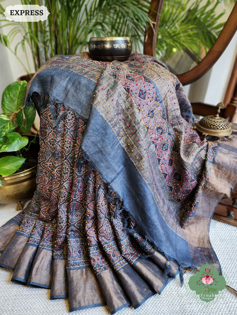 Zynah Indigo & Maroon Pure Tussar Silk Hand Block Print Ajrakh Saree With Hand Embroidery; Custom Stitched/Ready-made Blouse, Fall, Petticoat; SKU: 2409202508
