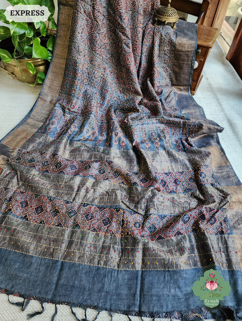 Zynah Indigo & Maroon Pure Tussar Silk Hand Block Print Ajrakh Saree With Hand Embroidery; Custom Stitched/Ready-made Blouse, Fall, Petticoat; SKU: 2409202508