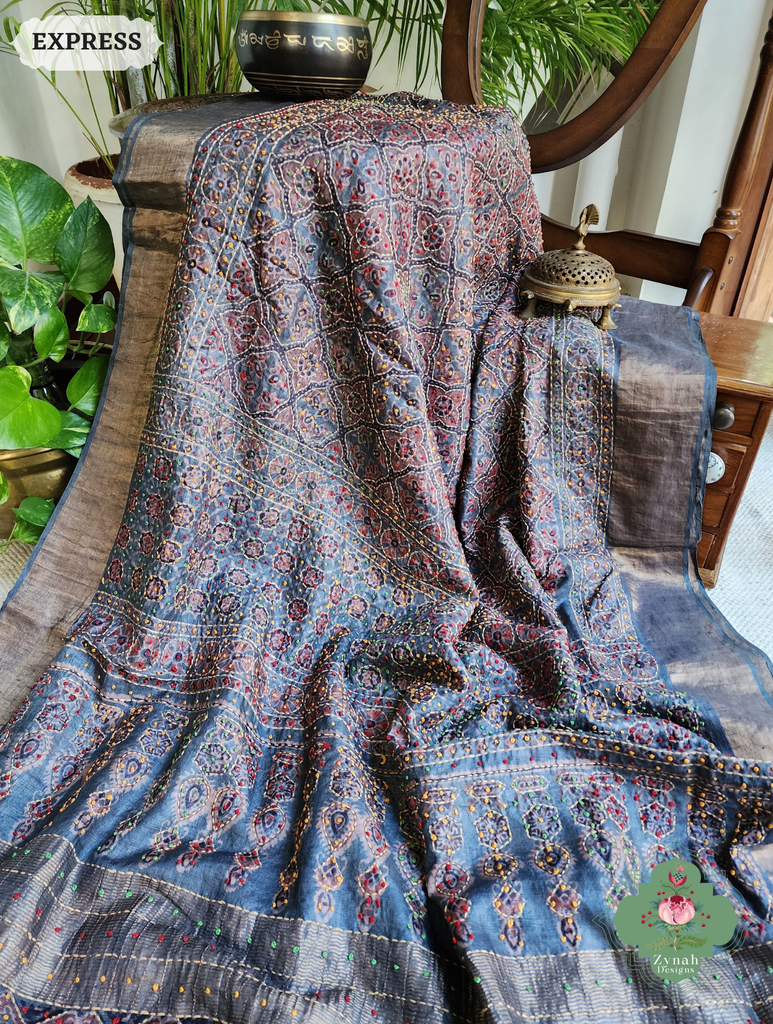 Zynah Indigo & Maroon Pure Tussar Silk Hand Block Print Ajrakh Saree With Hand Embroidery; Custom Stitched/Ready-made Blouse, Fall, Petticoat; SKU: 2409202508