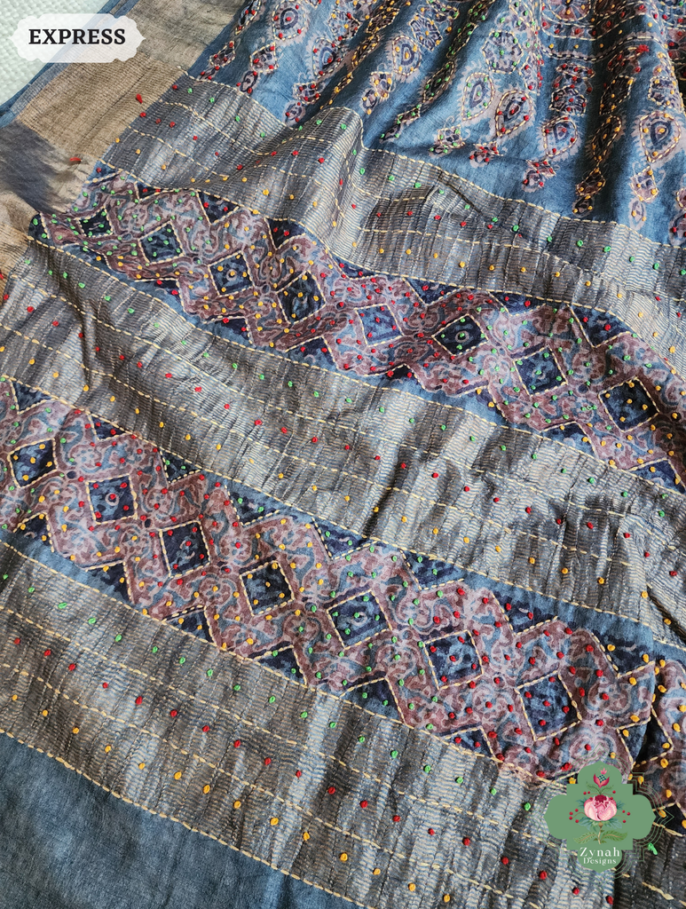 Zynah Indigo & Maroon Pure Tussar Silk Hand Block Print Ajrakh Saree With Hand Embroidery; Custom Stitched/Ready-made Blouse, Fall, Petticoat; SKU: 2409202508