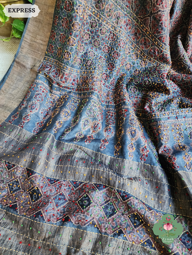 Zynah Indigo & Maroon Pure Tussar Silk Hand Block Print Ajrakh Saree With Hand Embroidery; Custom Stitched/Ready-made Blouse, Fall, Petticoat; SKU: 2409202508