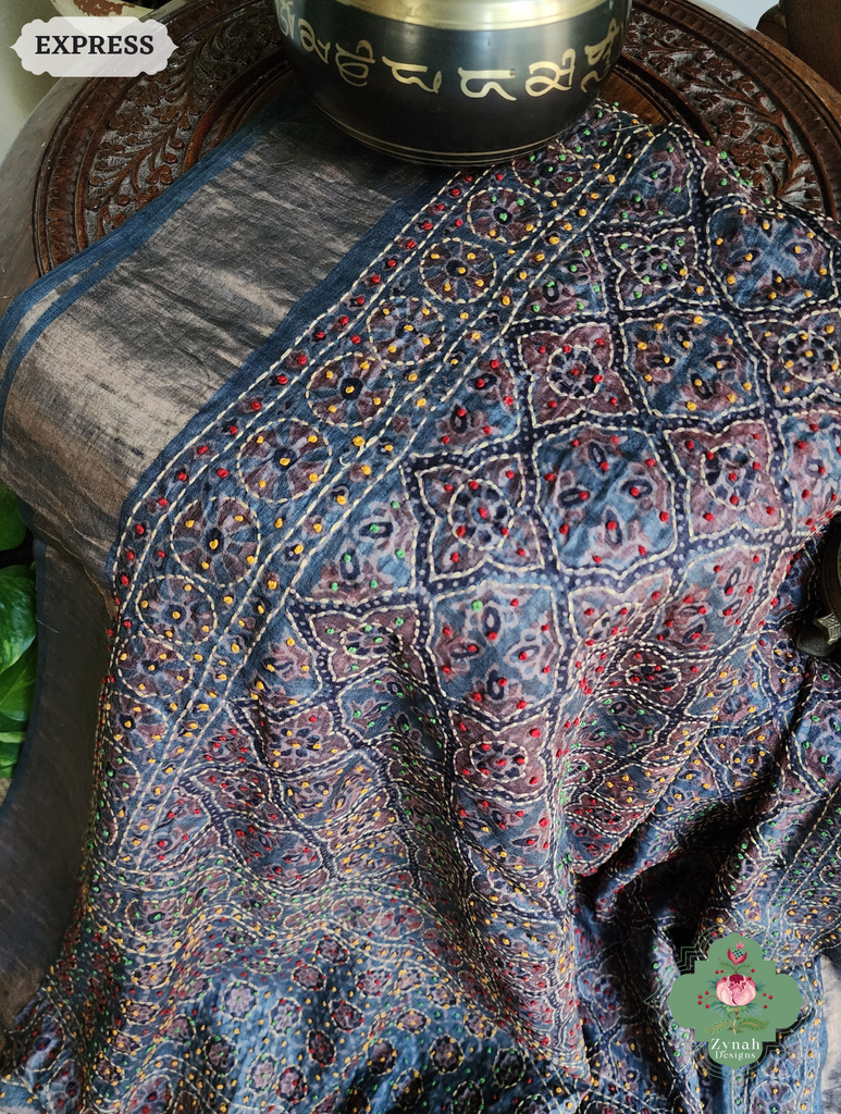 Zynah Indigo & Maroon Pure Tussar Silk Hand Block Print Ajrakh Saree With Hand Embroidery; Custom Stitched/Ready-made Blouse, Fall, Petticoat; SKU: 2409202508